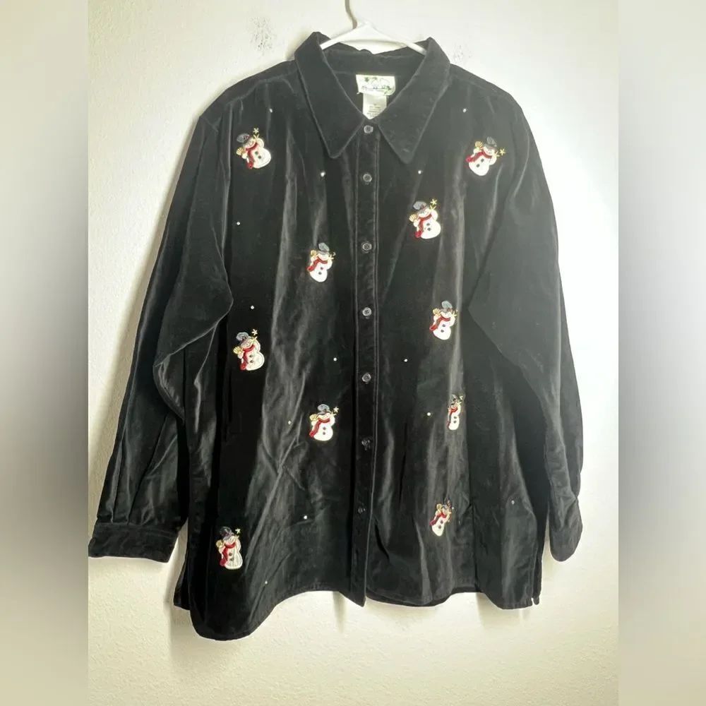 The Quacker Factory Velvet Snowman Button Up Embroidered Shirt Size 1x